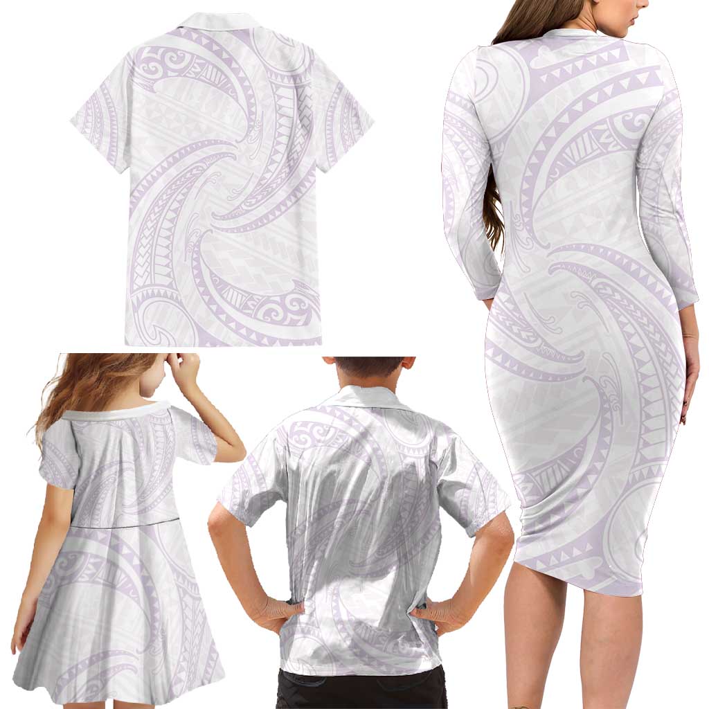 White Sunday Lotu Tamaiti Family Matching Long Sleeve Bodycon Dress and Hawaiian Shirt Polynesian Wave Pastel Mauve LT9 - Polynesian Pride
