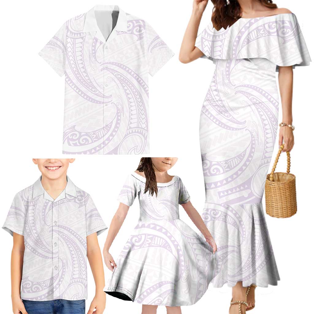 White Sunday Lotu Tamaiti Family Matching Mermaid Dress and Hawaiian Shirt Polynesian Wave Pastel Mauve LT9 - Polynesian Pride