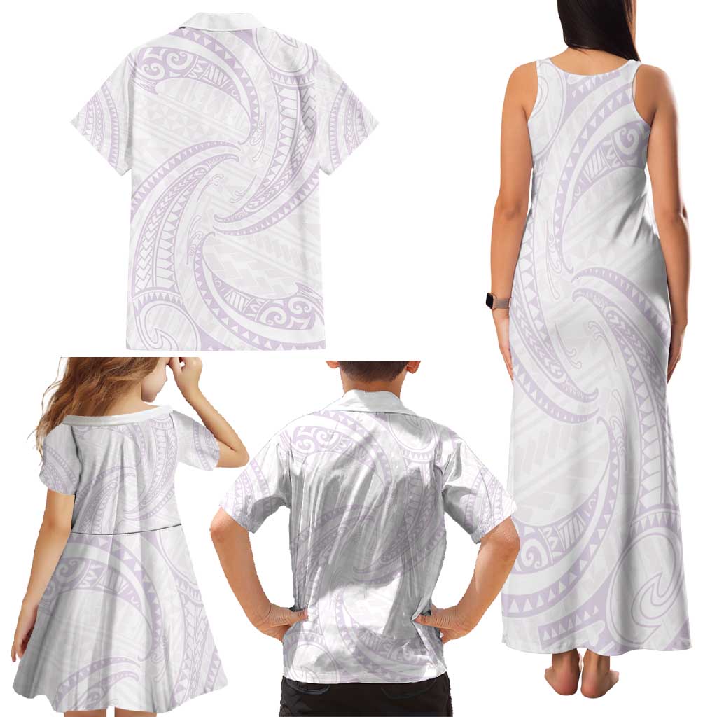 White Sunday Lotu Tamaiti Family Matching Tank Maxi Dress and Hawaiian Shirt Polynesian Wave Pastel Mauve LT9 - Polynesian Pride