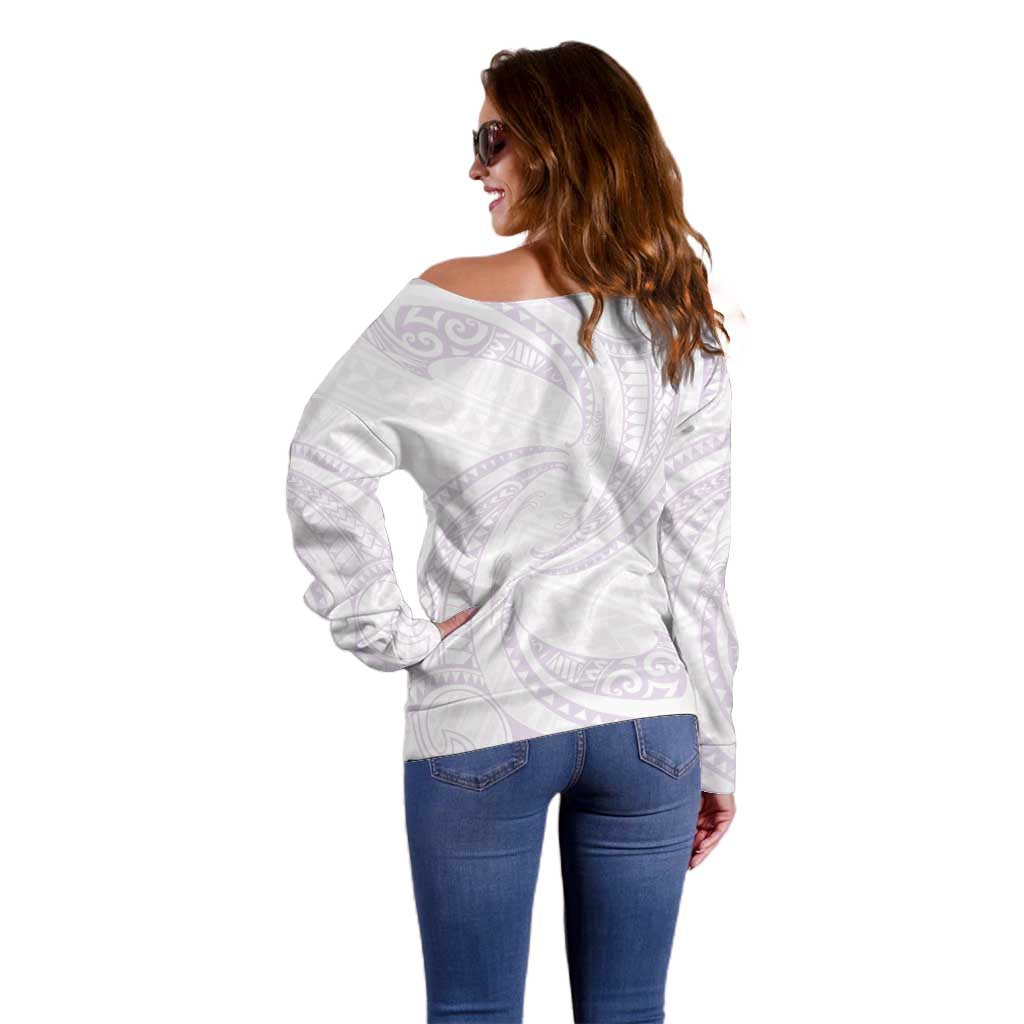 White Sunday Lotu Tamaiti Off Shoulder Sweater Polynesian Wave Pastel Mauve - Polynesian Pride