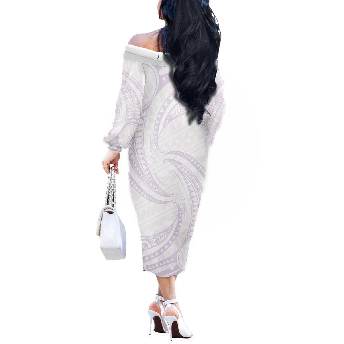 White Sunday Lotu Tamaiti Off The Shoulder Long Sleeve Dress Polynesian Wave Pastel Mauve LT9 - Polynesian Pride