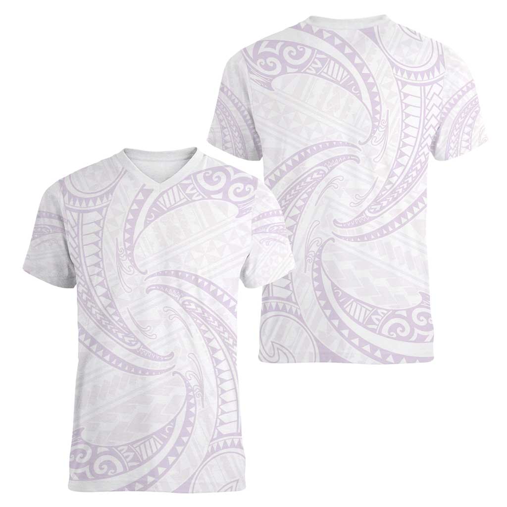 White Sunday Lotu Tamaiti Women V-Neck T-Shirt Polynesian Wave Pastel Mauve LT9 - Polynesian Pride