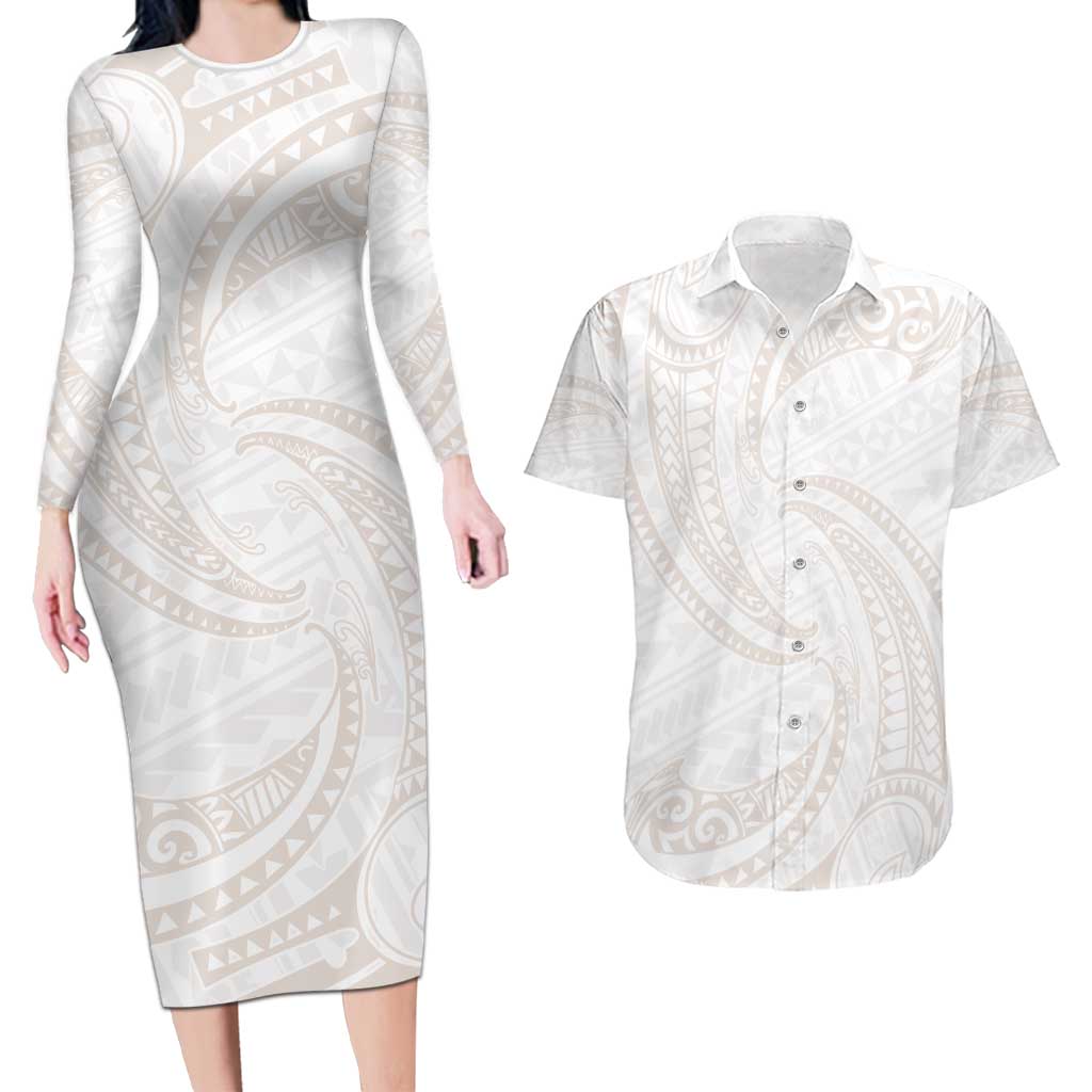 White Sunday Lotu Tamaiti Couples Matching Long Sleeve Bodycon Dress and Hawaiian Shirt Polynesian Wave Pastel Nude LT9 Nude - Polynesian Pride