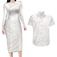 White Sunday Lotu Tamaiti Couples Matching Long Sleeve Bodycon Dress and Hawaiian Shirt Polynesian Wave Pastel Nude LT9 Nude - Polynesian Pride