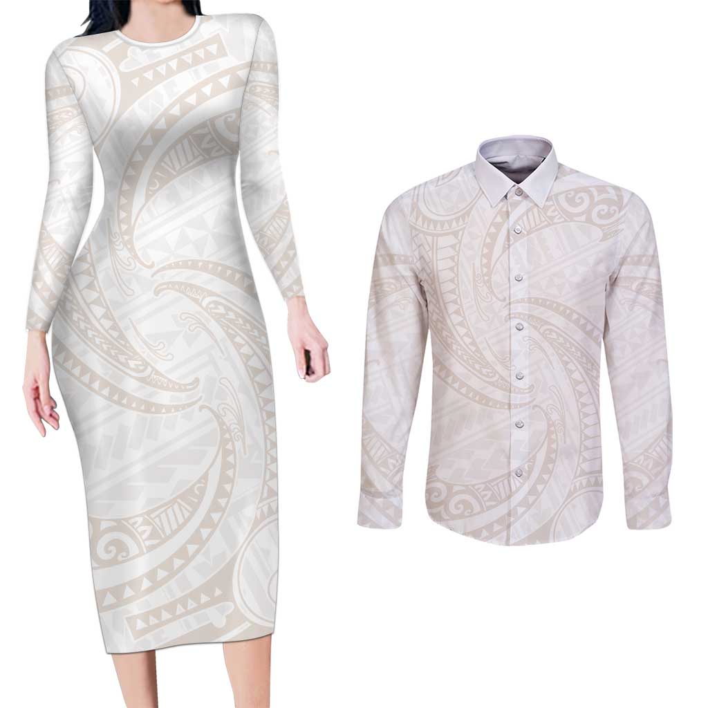 White Sunday Lotu Tamaiti Couples Matching Long Sleeve Bodycon Dress and Long Sleeve Button Shirt Polynesian Wave Pastel Nude LT9 Nude - Polynesian Pride