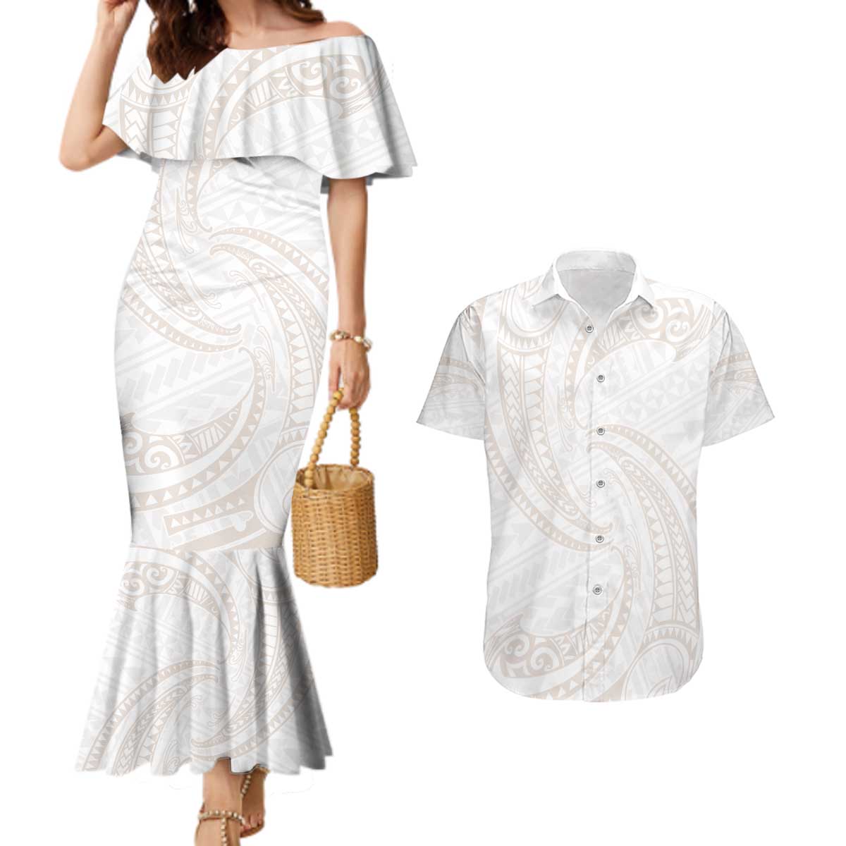 White Sunday Lotu Tamaiti Couples Matching Mermaid Dress and Hawaiian Shirt Polynesian Wave Pastel Nude LT9 Nude - Polynesian Pride
