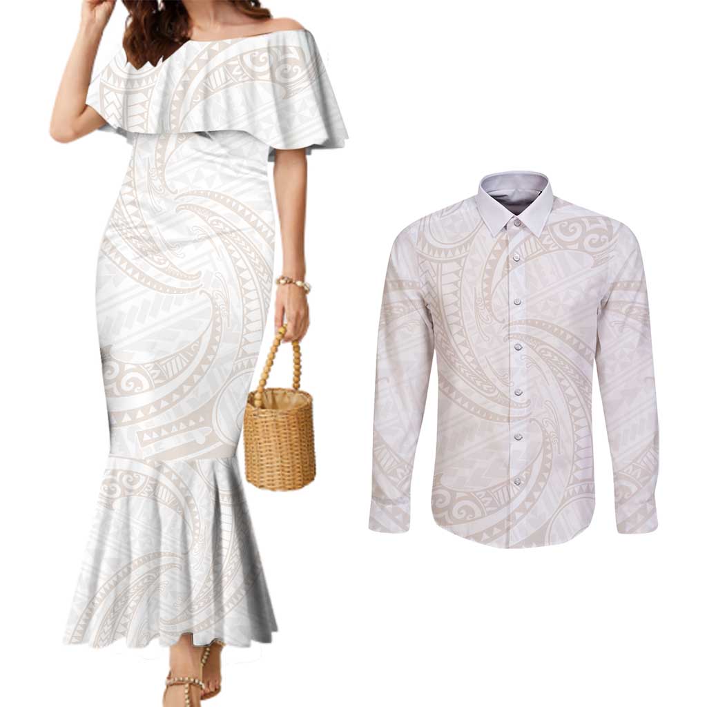 White Sunday Lotu Tamaiti Couples Matching Mermaid Dress and Long Sleeve Button Shirt Polynesian Wave Pastel Nude LT9 Nude - Polynesian Pride