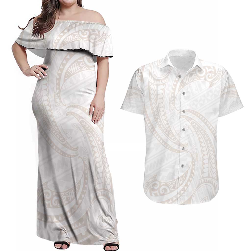 White Sunday Lotu Tamaiti Couples Matching Off Shoulder Maxi Dress and Hawaiian Shirt Polynesian Wave Pastel Nude LT9 Nude - Polynesian Pride
