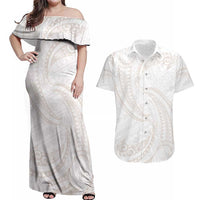 White Sunday Lotu Tamaiti Couples Matching Off Shoulder Maxi Dress and Hawaiian Shirt Polynesian Wave Pastel Nude LT9 Nude - Polynesian Pride