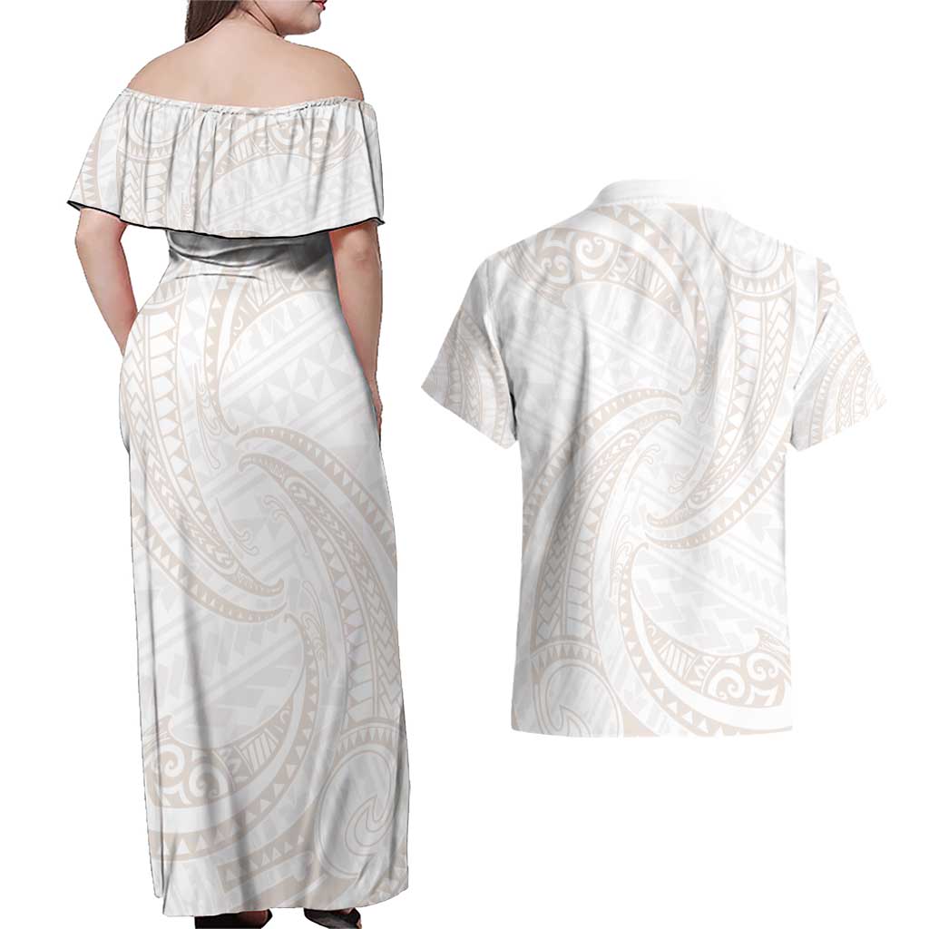 White Sunday Lotu Tamaiti Couples Matching Off Shoulder Maxi Dress and Hawaiian Shirt Polynesian Wave Pastel Nude LT9 - Polynesian Pride