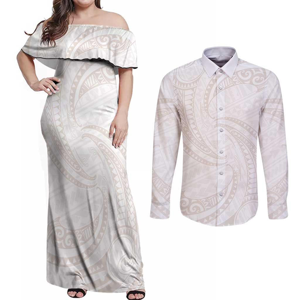 White Sunday Lotu Tamaiti Couples Matching Off Shoulder Maxi Dress and Long Sleeve Button Shirt Polynesian Wave Pastel Nude LT9 Nude - Polynesian Pride