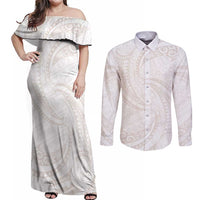 White Sunday Lotu Tamaiti Couples Matching Off Shoulder Maxi Dress and Long Sleeve Button Shirt Polynesian Wave Pastel Nude LT9 Nude - Polynesian Pride