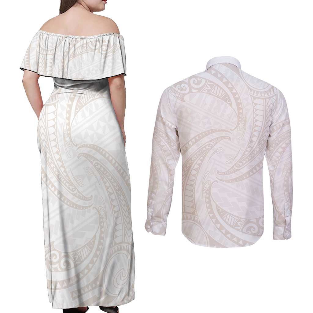 White Sunday Lotu Tamaiti Couples Matching Off Shoulder Maxi Dress and Long Sleeve Button Shirt Polynesian Wave Pastel Nude LT9 - Polynesian Pride
