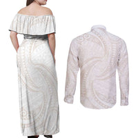 White Sunday Lotu Tamaiti Couples Matching Off Shoulder Maxi Dress and Long Sleeve Button Shirt Polynesian Wave Pastel Nude LT9 - Polynesian Pride