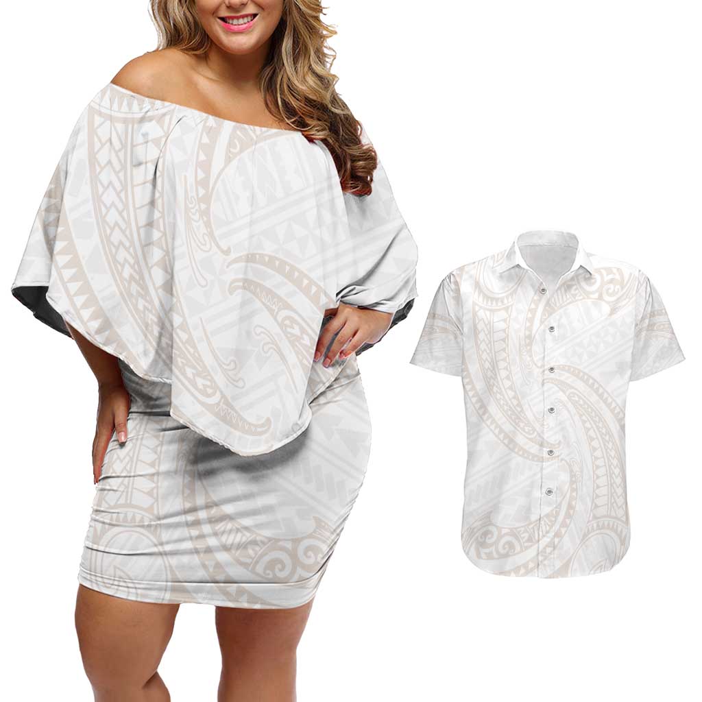 White Sunday Lotu Tamaiti Couples Matching Off Shoulder Short Dress and Hawaiian Shirt Polynesian Wave Pastel Nude LT9 Nude - Polynesian Pride