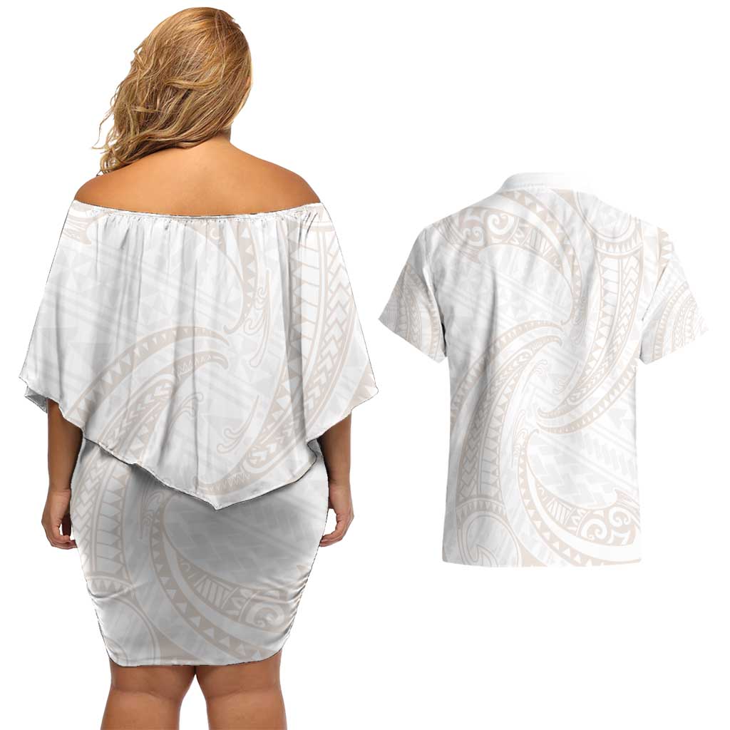 White Sunday Lotu Tamaiti Couples Matching Off Shoulder Short Dress and Hawaiian Shirt Polynesian Wave Pastel Nude LT9 - Polynesian Pride