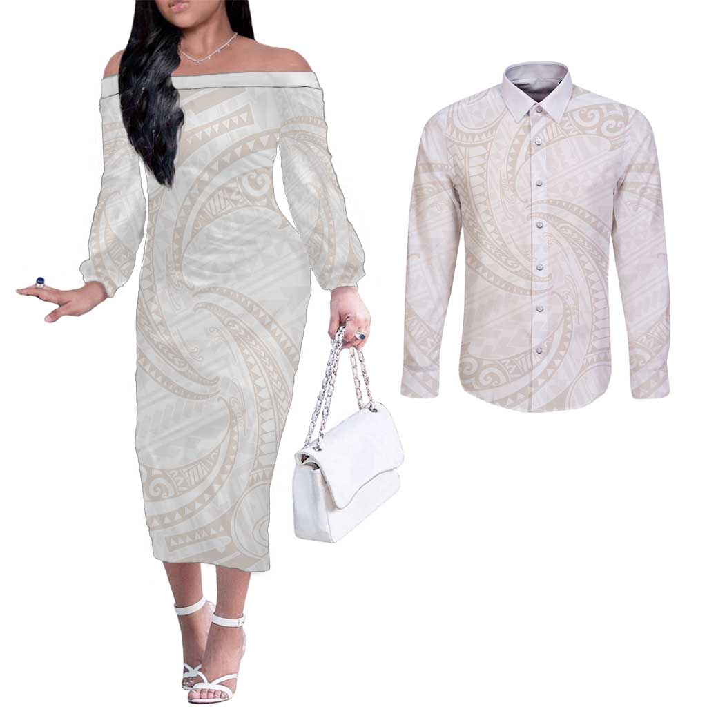 White Sunday Lotu Tamaiti Couples Matching Off The Shoulder Long Sleeve Dress and Long Sleeve Button Shirt Polynesian Wave Pastel Nude LT9 Nude - Polynesian Pride