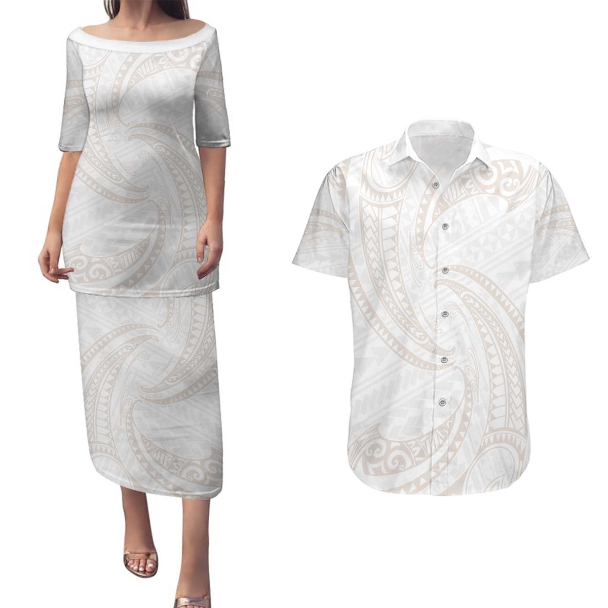 White Sunday Lotu Tamaiti Couples Matching Puletasi and Hawaiian Shirt Polynesian Wave Pastel Nude LT9 Nude - Polynesian Pride