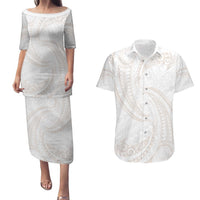 White Sunday Lotu Tamaiti Couples Matching Puletasi and Hawaiian Shirt Polynesian Wave Pastel Nude LT9 Nude - Polynesian Pride