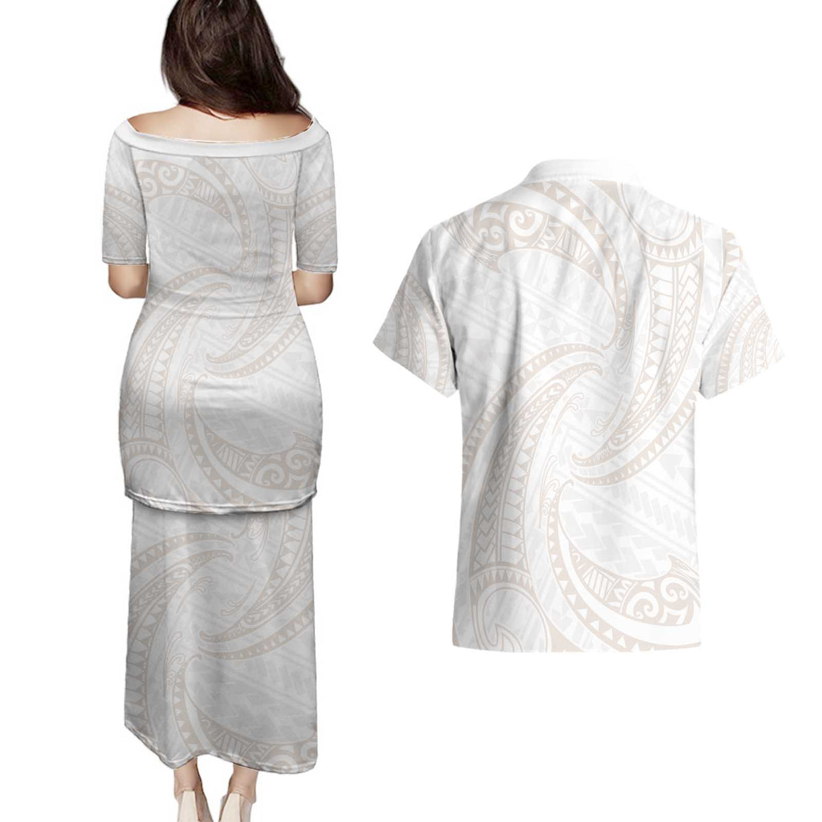 White Sunday Lotu Tamaiti Couples Matching Puletasi and Hawaiian Shirt Polynesian Wave Pastel Nude LT9 - Polynesian Pride