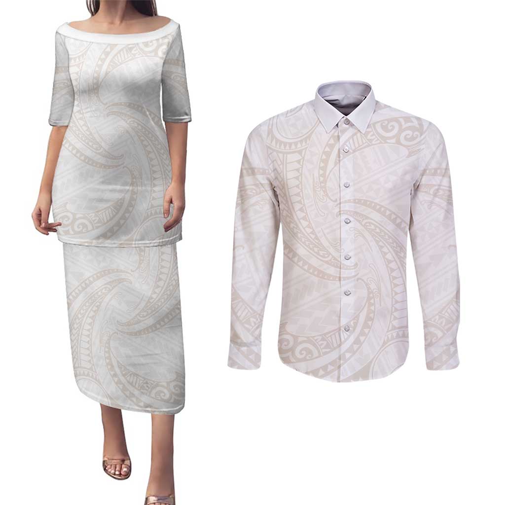 White Sunday Lotu Tamaiti Couples Matching Puletasi and Long Sleeve Button Shirt Polynesian Wave Pastel Nude LT9 Nude - Polynesian Pride