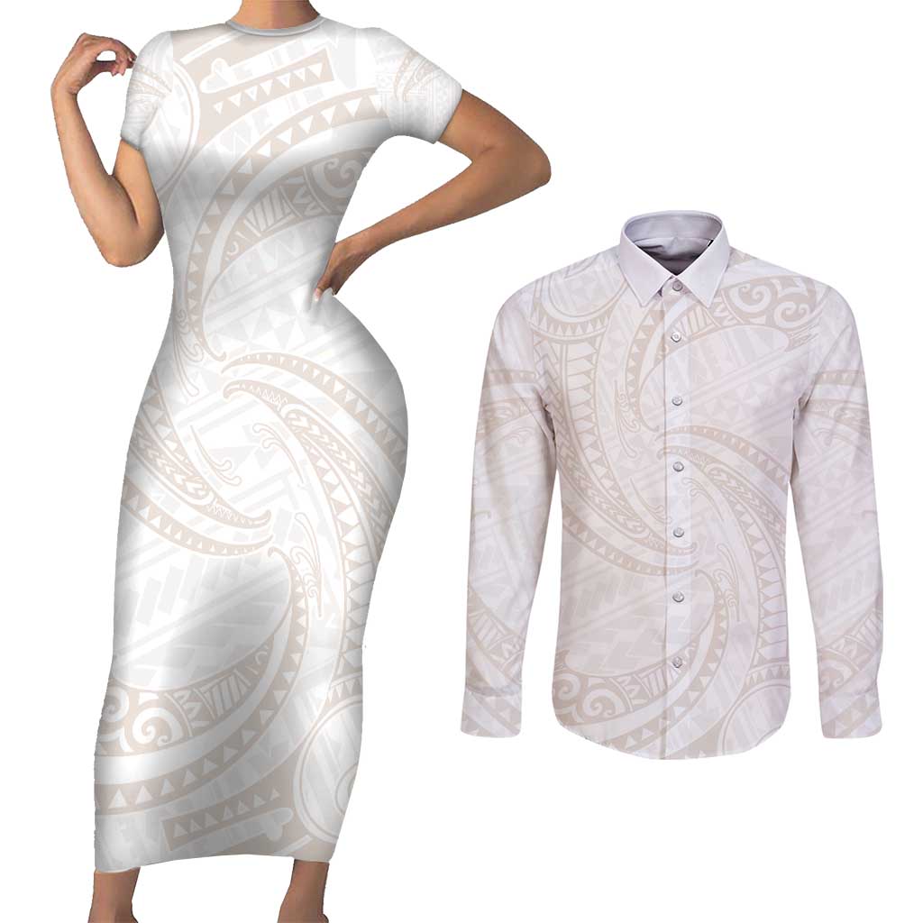 White Sunday Lotu Tamaiti Couples Matching Short Sleeve Bodycon Dress and Long Sleeve Button Shirt Polynesian Wave Pastel Nude LT9 Nude - Polynesian Pride