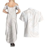 White Sunday Lotu Tamaiti Couples Matching Summer Maxi Dress and Hawaiian Shirt Polynesian Wave Pastel Nude LT9 - Polynesian Pride