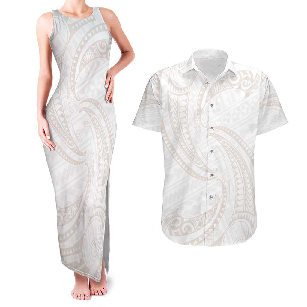 White Sunday Lotu Tamaiti Couples Matching Tank Maxi Dress and Hawaiian Shirt Polynesian Wave Pastel Nude LT9 Nude - Polynesian Pride