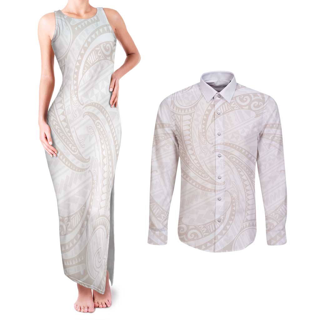 White Sunday Lotu Tamaiti Couples Matching Tank Maxi Dress and Long Sleeve Button Shirt Polynesian Wave Pastel Nude LT9 Nude - Polynesian Pride