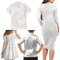 White Sunday Lotu Tamaiti Family Matching Long Sleeve Bodycon Dress and Hawaiian Shirt Polynesian Wave Pastel Nude LT9 - Polynesian Pride