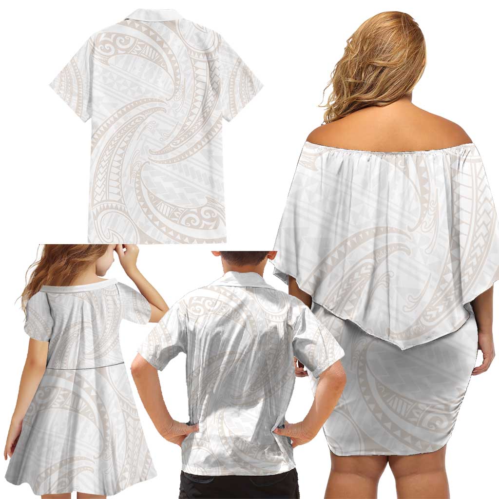White Sunday Lotu Tamaiti Family Matching Off Shoulder Short Dress and Hawaiian Shirt Polynesian Wave Pastel Nude LT9 - Polynesian Pride