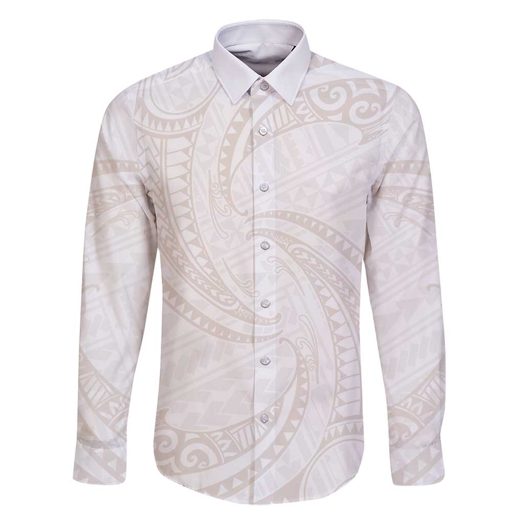 White Sunday Lotu Tamaiti Family Matching Off Shoulder Short Dress and Hawaiian Shirt Polynesian Wave Pastel Nude LT9 Dad's Shirt - Long Sleeve Nude - Polynesian Pride