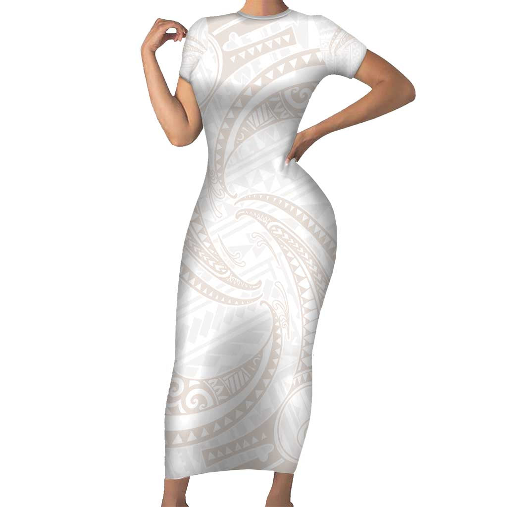 White Sunday Lotu Tamaiti Family Matching Short Sleeve Bodycon Dress and Hawaiian Shirt Polynesian Wave Pastel Nude LT9 Mom's Dress Nude - Polynesian Pride