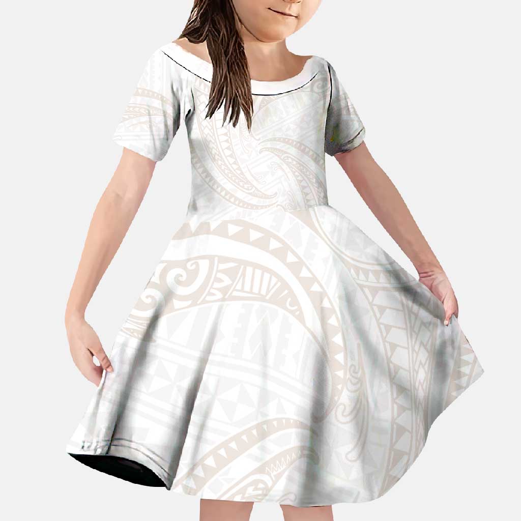 White Sunday Lotu Tamaiti Family Matching Tank Maxi Dress and Hawaiian Shirt Polynesian Wave Pastel Nude LT9 Daughter's Dress Nude - Polynesian Pride