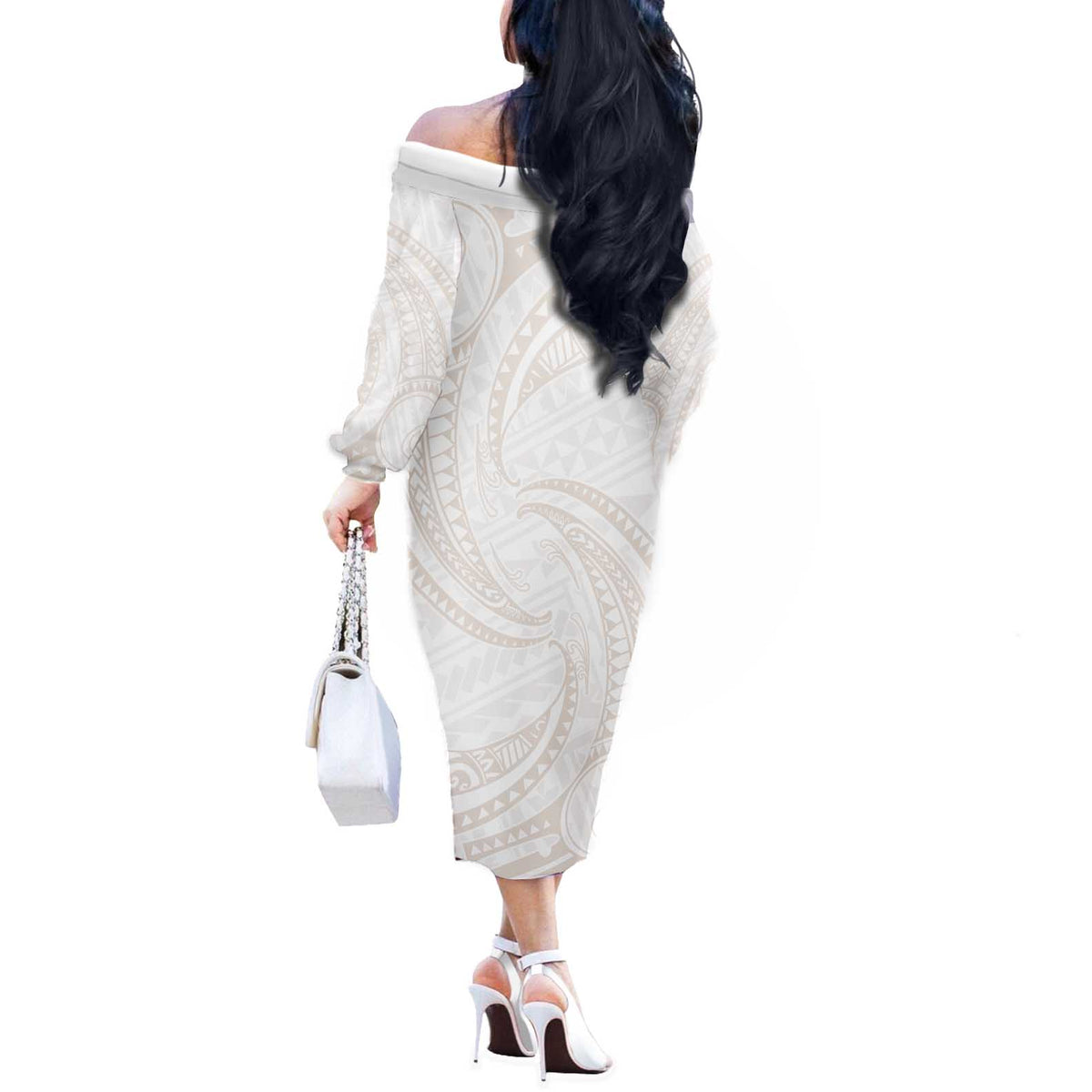 White Sunday Lotu Tamaiti Off The Shoulder Long Sleeve Dress Polynesian Wave Pastel Nude LT9 - Polynesian Pride