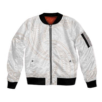 White Sunday Lotu Tamaiti Sleeve Zip Bomber Jacket Polynesian Wave Pastel Nude LT9 Unisex Nude - Polynesian Pride