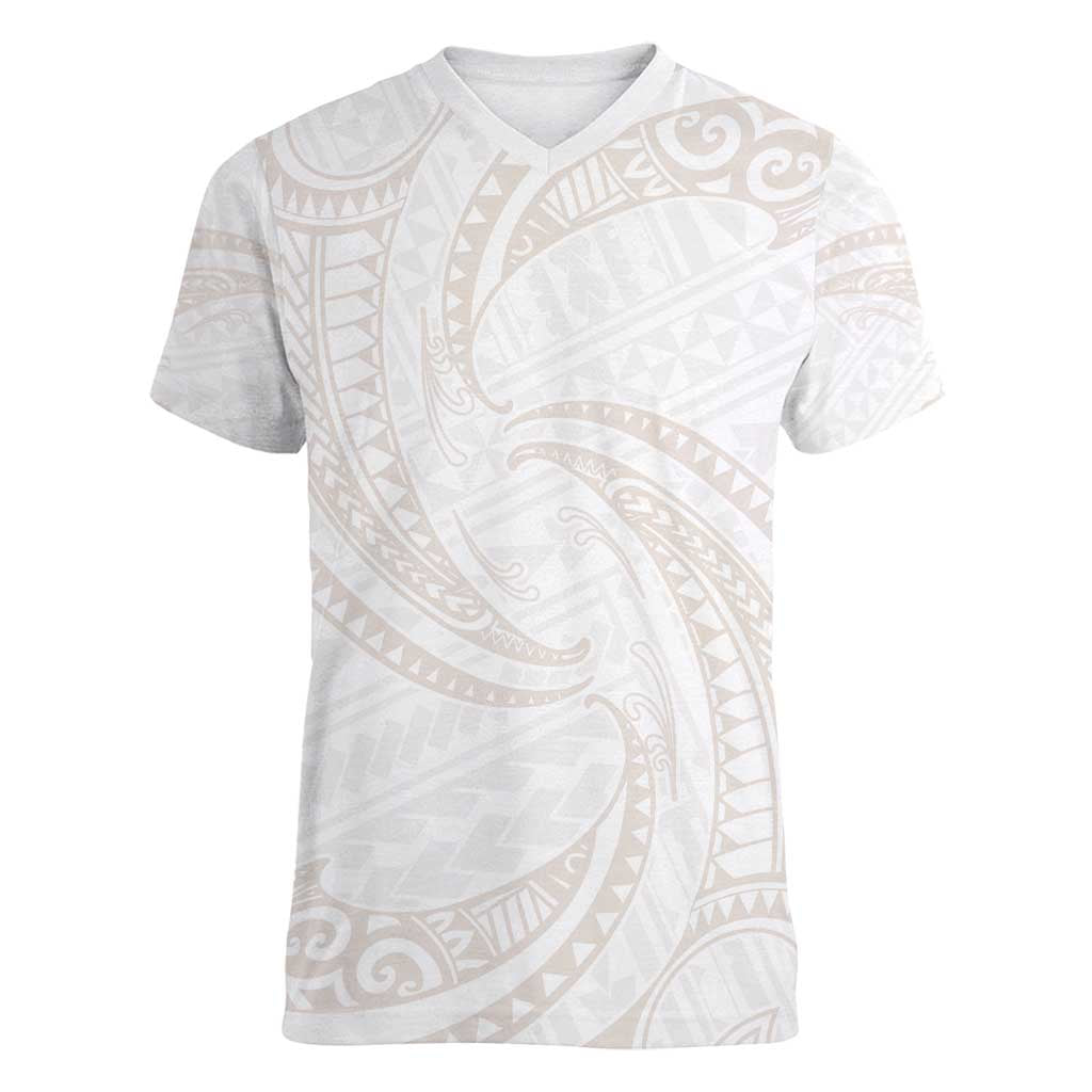 White Sunday Lotu Tamaiti Women V-Neck T-Shirt Polynesian Wave Pastel Nude LT9 Female Nude - Polynesian Pride