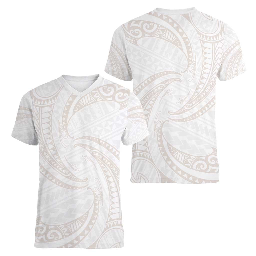White Sunday Lotu Tamaiti Women V-Neck T-Shirt Polynesian Wave Pastel Nude LT9 - Polynesian Pride