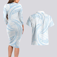 White Sunday Lotu Tamaiti Couples Matching Long Sleeve Bodycon Dress and Hawaiian Shirt Polynesian Wave Pastel Sky Blue LT9 - Polynesian Pride