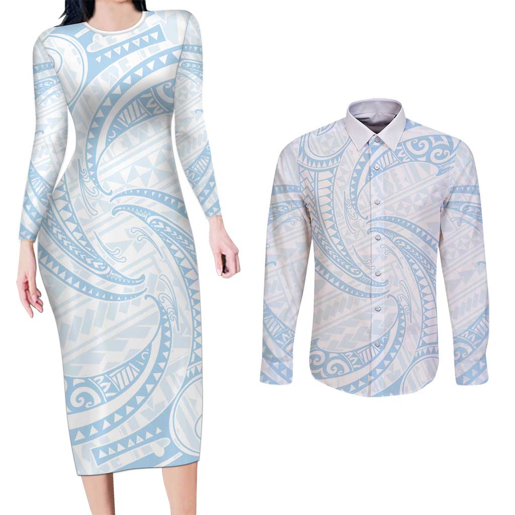 White Sunday Lotu Tamaiti Couples Matching Long Sleeve Bodycon Dress and Long Sleeve Button Shirt Polynesian Wave Pastel Sky Blue LT9 Blue - Polynesian Pride