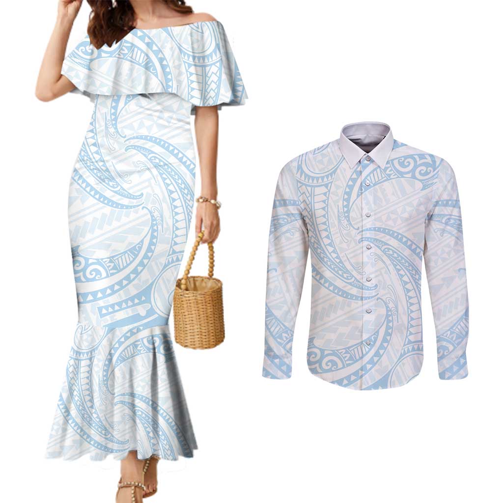 White Sunday Lotu Tamaiti Couples Matching Mermaid Dress and Long Sleeve Button Shirt Polynesian Wave Pastel Sky Blue LT9 Blue - Polynesian Pride
