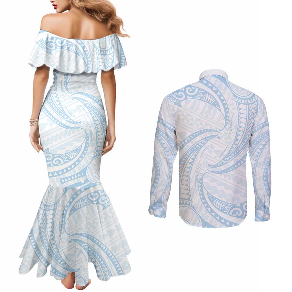 White Sunday Lotu Tamaiti Couples Matching Mermaid Dress and Long Sleeve Button Shirt Polynesian Wave Pastel Sky Blue LT9 - Polynesian Pride