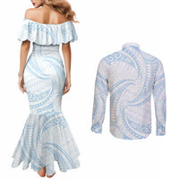 White Sunday Lotu Tamaiti Couples Matching Mermaid Dress and Long Sleeve Button Shirt Polynesian Wave Pastel Sky Blue LT9 - Polynesian Pride