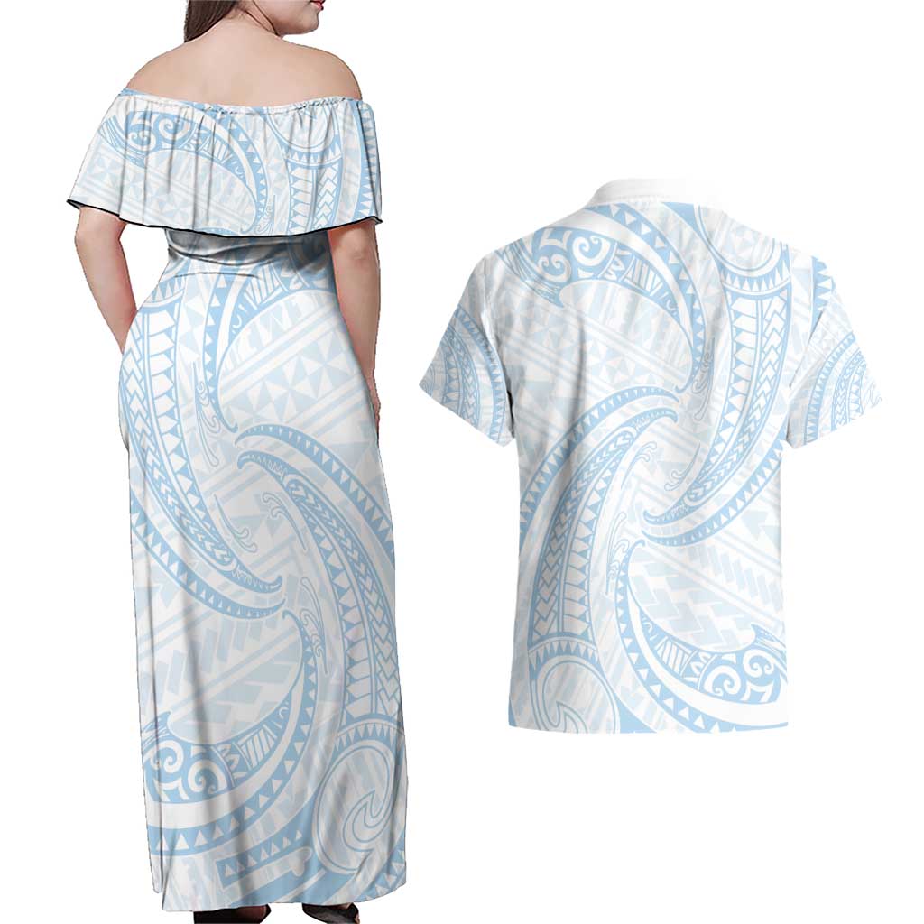 White Sunday Lotu Tamaiti Couples Matching Off Shoulder Maxi Dress and Hawaiian Shirt Polynesian Wave Pastel Sky Blue LT9 - Polynesian Pride