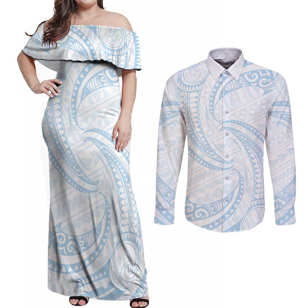 White Sunday Lotu Tamaiti Couples Matching Off Shoulder Maxi Dress and Long Sleeve Button Shirt Polynesian Wave Pastel Sky Blue LT9 Blue - Polynesian Pride