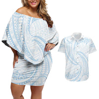 White Sunday Lotu Tamaiti Couples Matching Off Shoulder Short Dress and Hawaiian Shirt Polynesian Wave Pastel Sky Blue LT9 Blue - Polynesian Pride