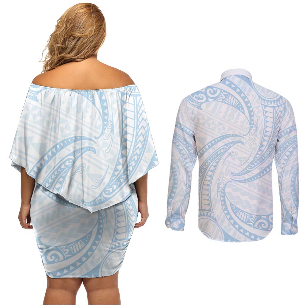 White Sunday Lotu Tamaiti Couples Matching Off Shoulder Short Dress and Long Sleeve Button Shirt Polynesian Wave Pastel Sky Blue LT9 - Polynesian Pride