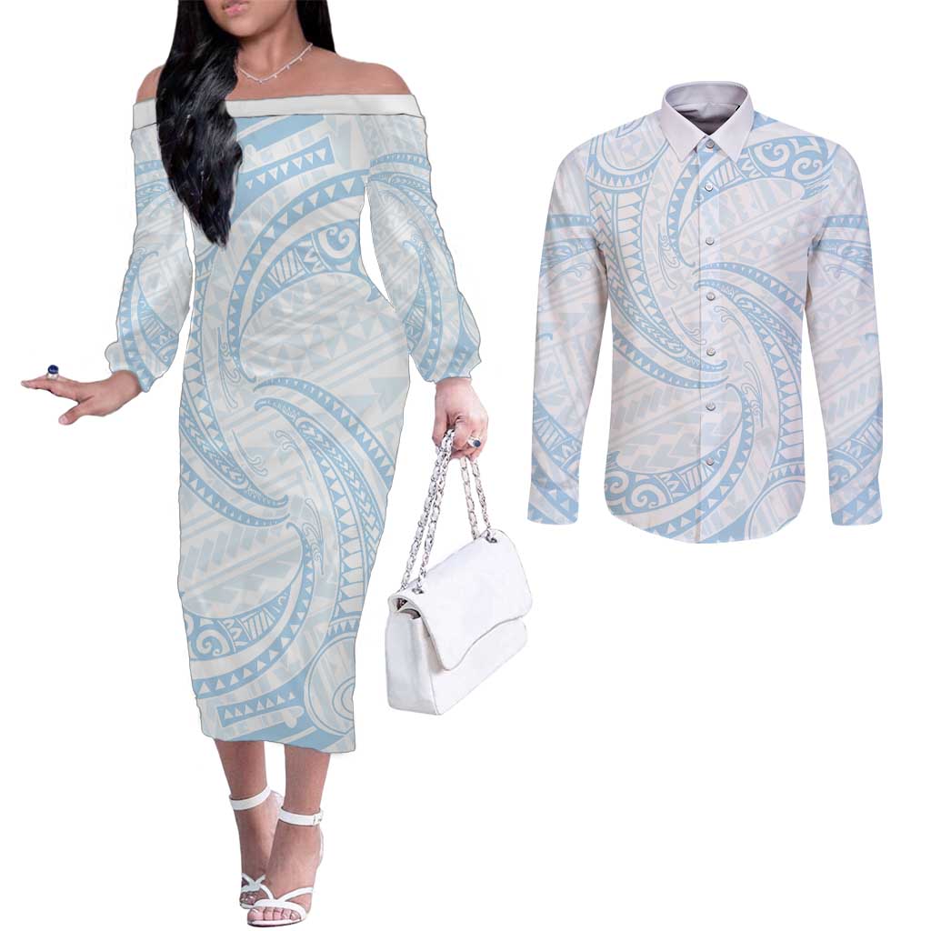 White Sunday Lotu Tamaiti Couples Matching Off The Shoulder Long Sleeve Dress and Long Sleeve Button Shirt Polynesian Wave Pastel Sky Blue LT9 Blue - Polynesian Pride