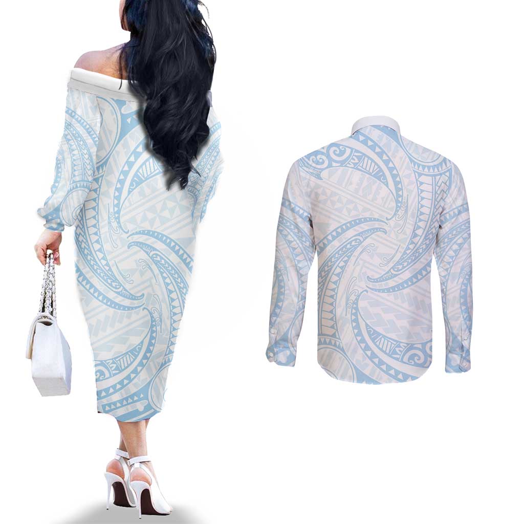 White Sunday Lotu Tamaiti Couples Matching Off The Shoulder Long Sleeve Dress and Long Sleeve Button Shirt Polynesian Wave Pastel Sky Blue LT9 - Polynesian Pride