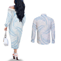 White Sunday Lotu Tamaiti Couples Matching Off The Shoulder Long Sleeve Dress and Long Sleeve Button Shirt Polynesian Wave Pastel Sky Blue LT9 - Polynesian Pride